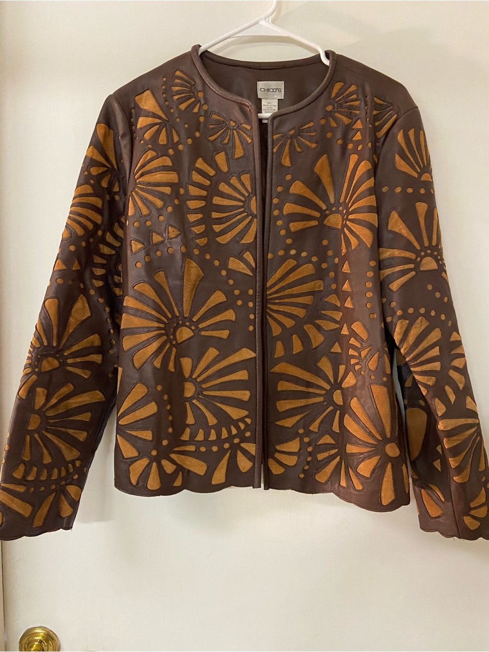 Chico's brown leather jacket Filigree Chic Kamille Suede Laser Cut Out M 10 Open
